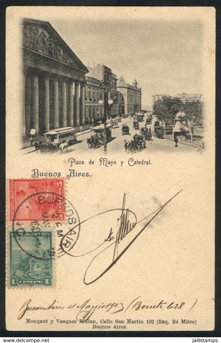 240 ARGENTINA: BUENOS AIRES: Mayo Square And Cathedral, Carriages & Tram, Ed. Monqaut Y V - Argentine