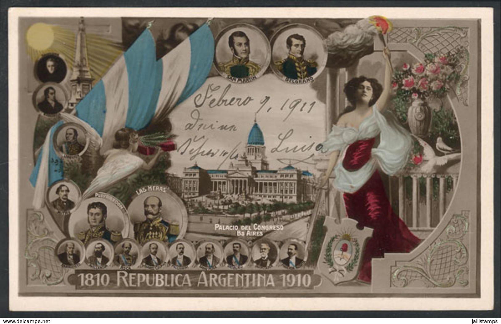 298 ARGENTINA: Centenary Of The May Revolution, Congress, Flags, Used In 1911 (stamp Miss - Argentina