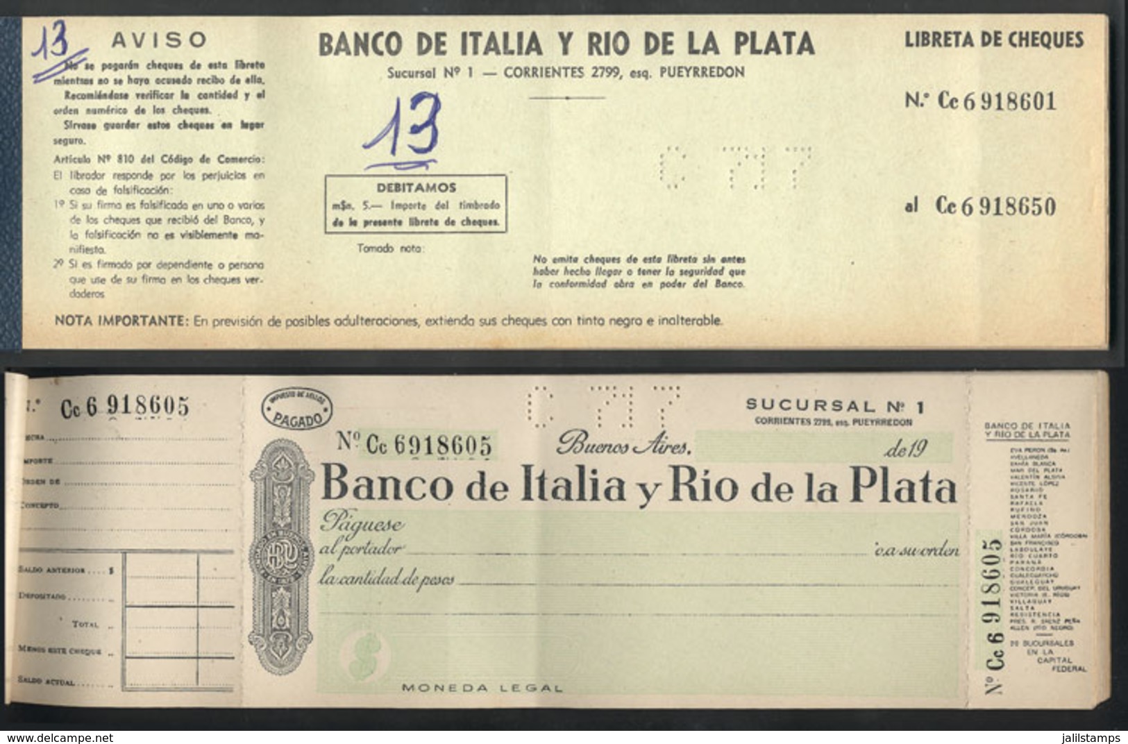 458 ARGENTINA: Complete Checkbook With 50 Checks Of Banco De Italia Y Rio De La Plata, Ci - Sonstige & Ohne Zuordnung