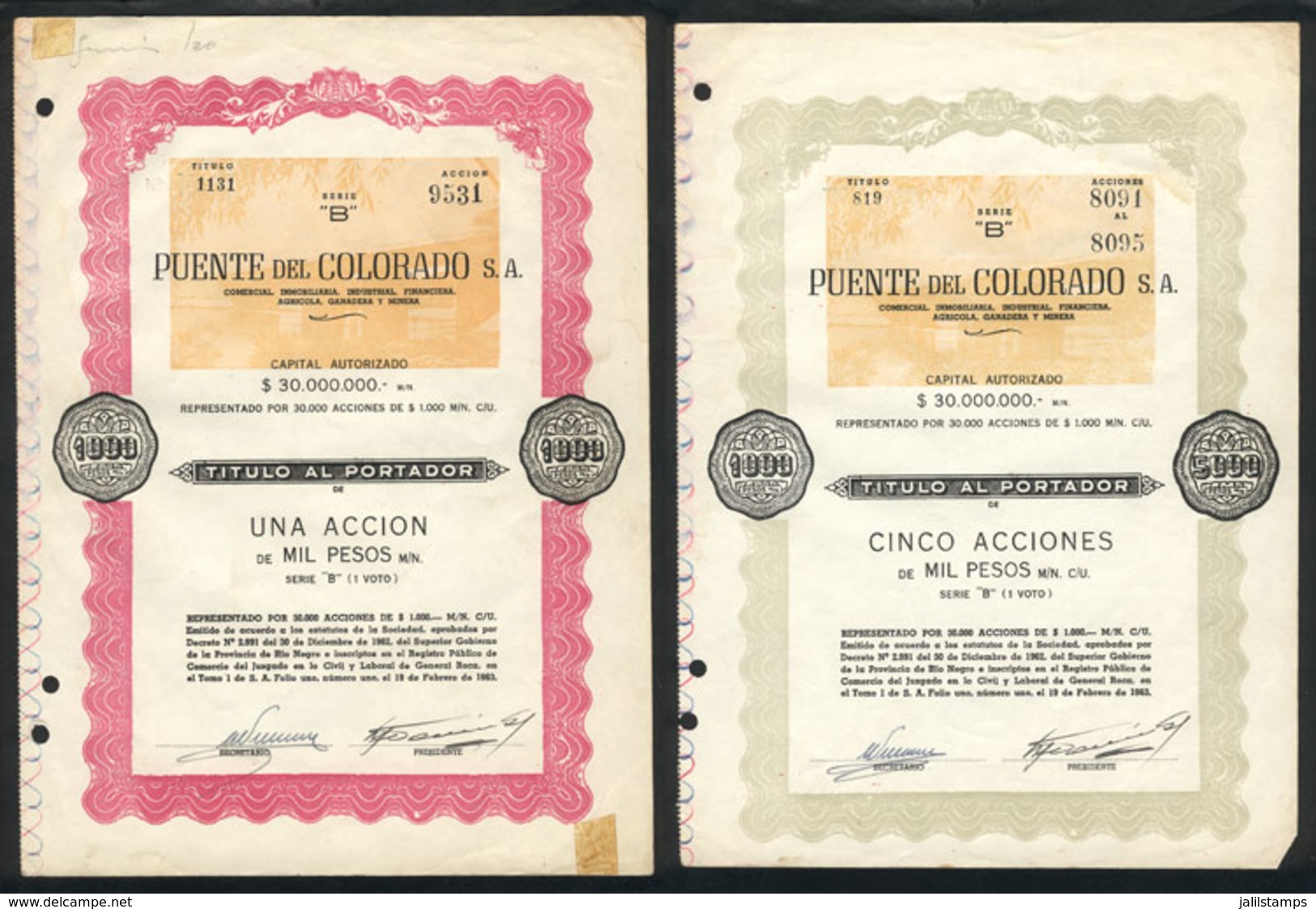 460 ARGENTINA: 2 Share Certificates Of "Puente Al Colorado S.A." Of 1963, VF Quality - Sonstige & Ohne Zuordnung