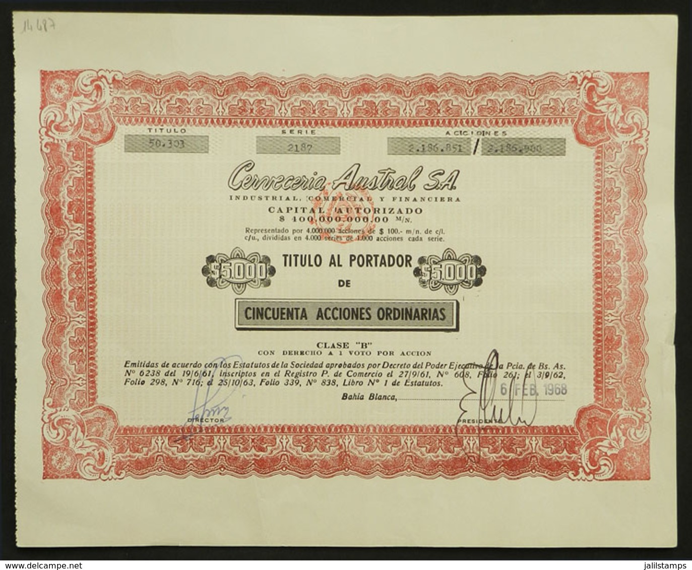 461 ARGENTINA: Certificate For 50 Shares Of $100 Of Brewery "Cervecería Austral", Issued - Sonstige & Ohne Zuordnung