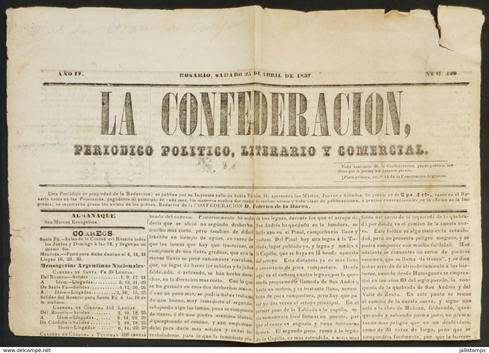 486 ARGENTINA: Newspaper "La Confederación" Of Rosario, 25 April 1857, First And Second P - Sonstige & Ohne Zuordnung