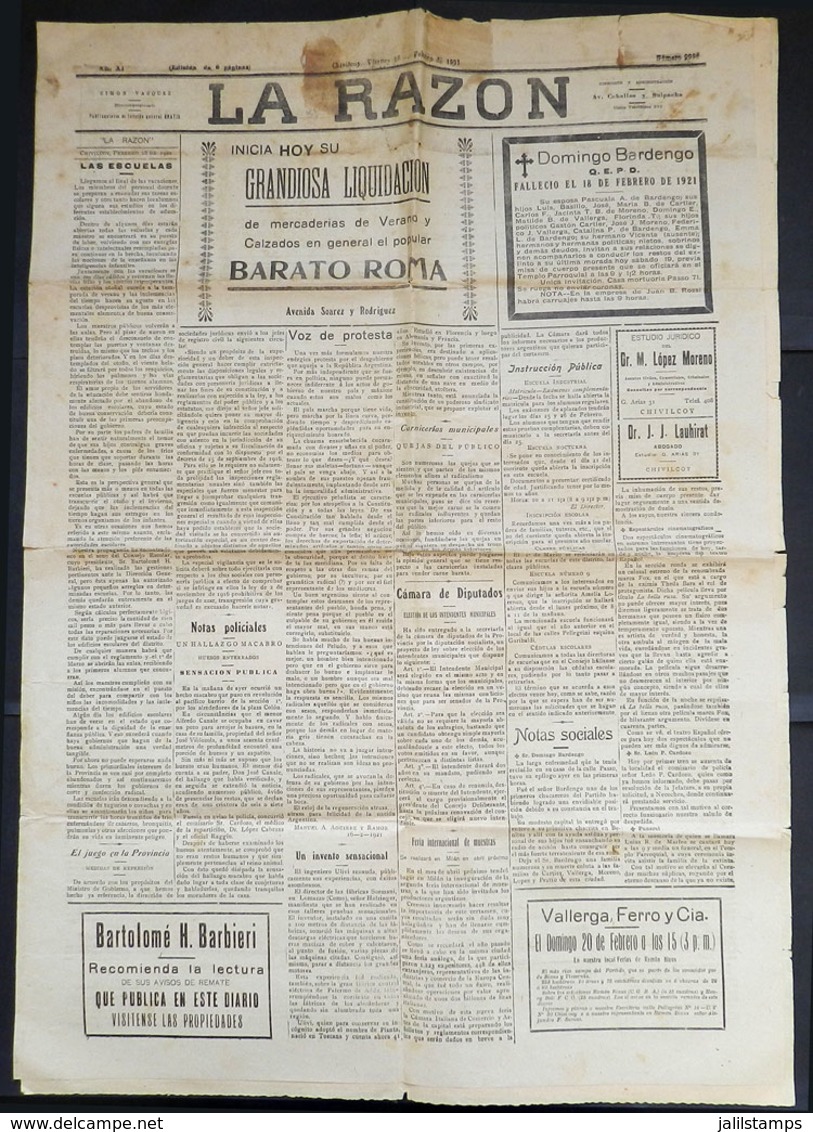 488 ARGENTINA: Newspaper "La Razón" Of Chivilcoy, 18 February 1921, Edition Of 6 Pages, V - Sonstige & Ohne Zuordnung