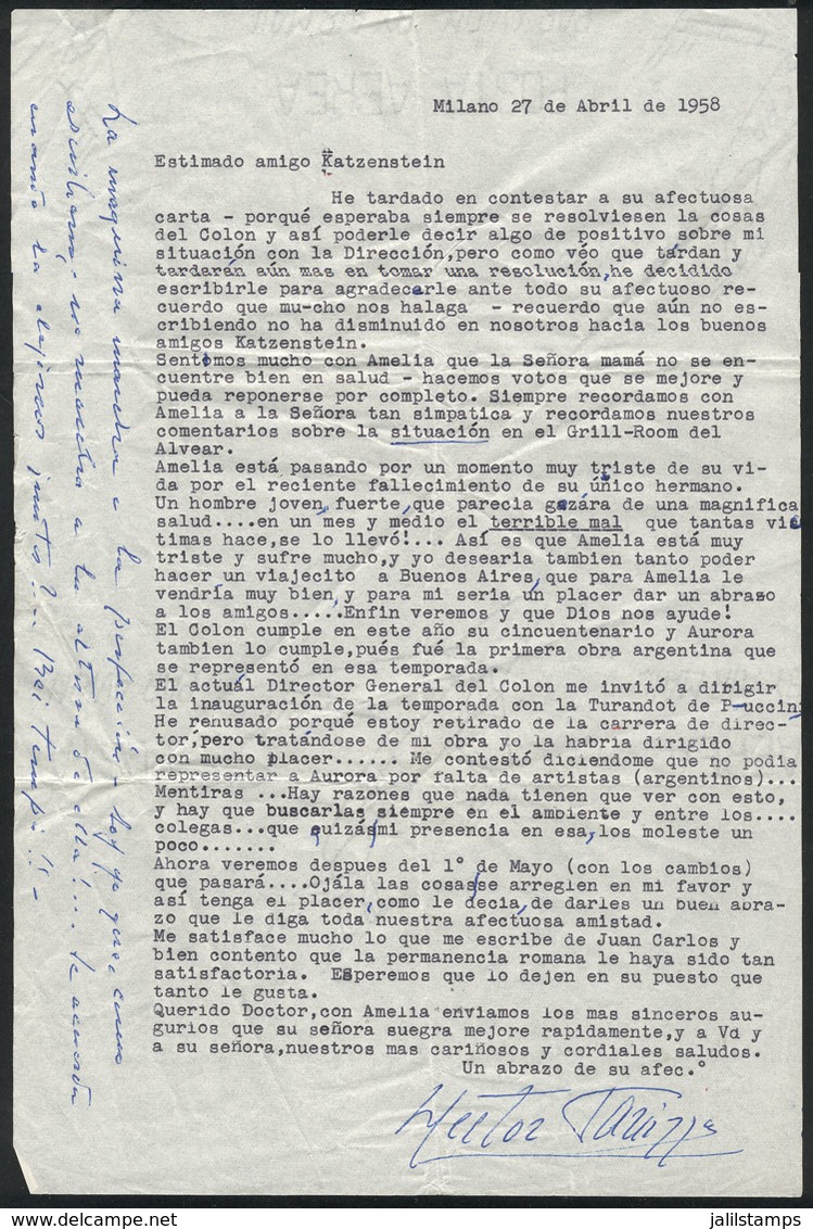 607 ARGENTINA: PANIZZA Hector: Composer And Conductor, Letter Written In 1958 To His Frie - Other & Unclassified