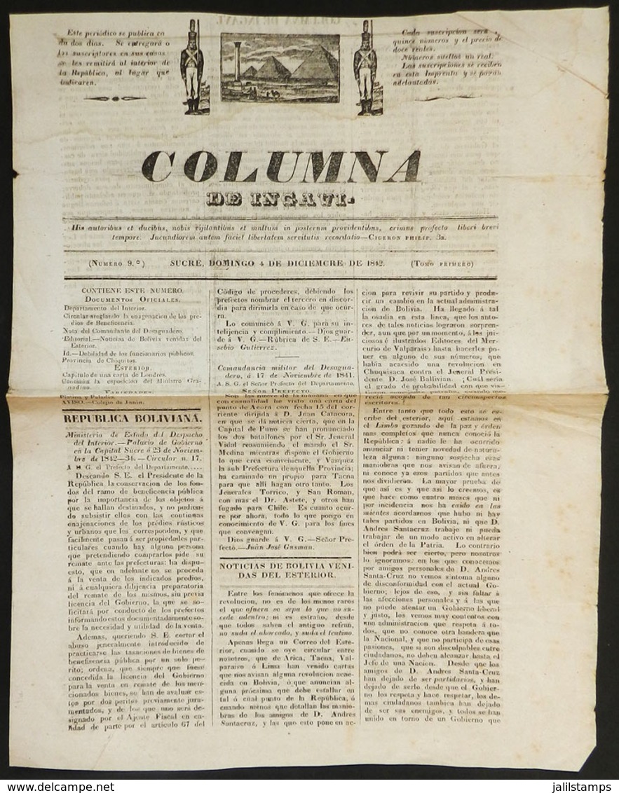 702 BOLIVIA: Newspaper "Columna De Incaut", 4 December 1842, 4 Pages, VF Quality - [1] Bis 1980