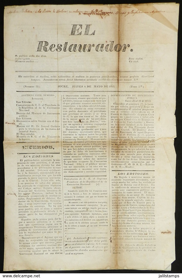 703 BOLIVIA: Newspaper "El Restaurador" Of Sucre, 4 May 1843, 4 Pages - [1] Jusqu' à 1980