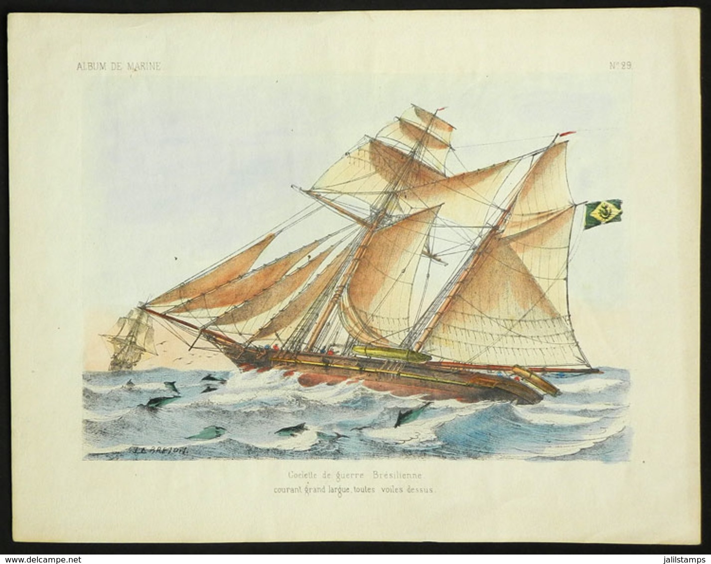 727 BRAZIL: War Schooner At Sea, Drawing By Le Breton (France), Printed In France, VF Qua - Autres & Non Classés