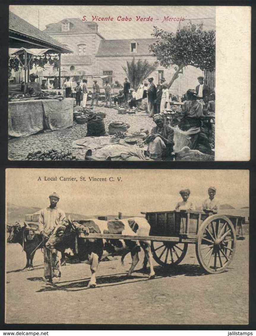 740 CAPE VERDE: SAO VICENTE: Market Place And Cart, 2 Old Beautiful Postcards, Unused, VF - Cap Verde