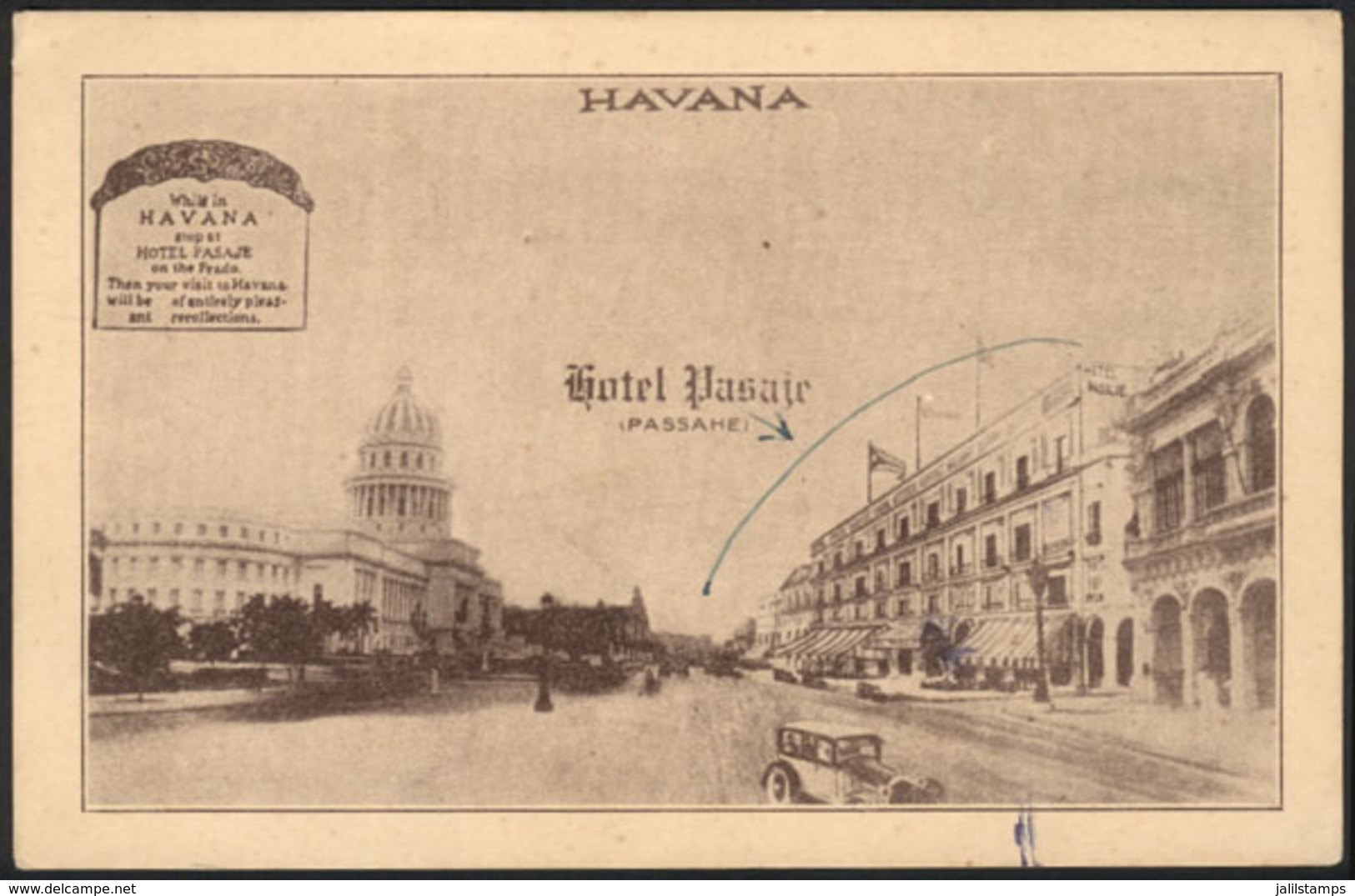 826 CUBA: Old Advertising Card For Hotel Pasaje In Paseo Del Prado, Havanna, VF Quality! - Cuba
