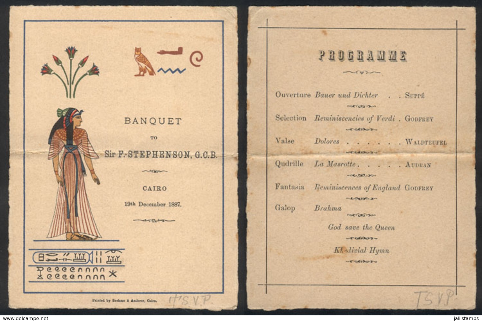 859 EGYPT: Programme Of The Banquet In Honor Of Gral. F. Stephenson In Cairo, 19 December - Programs