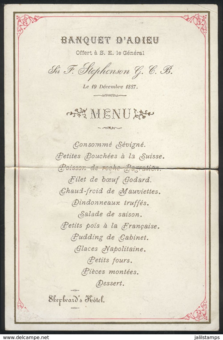 860 EGYPT: Dinner Menu Of Banquet In Honor Of Gral. Stephenson, 19 December 1887 At The H - Programmes