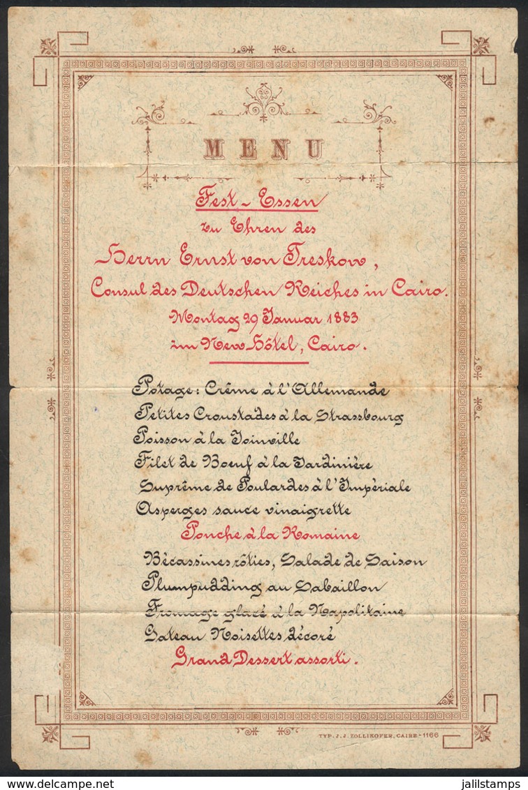 861 EGYPT: Dinner Menu Of Banquet In Honor Of Ernst Von Freskano, German Consul In Cairo, - Programs