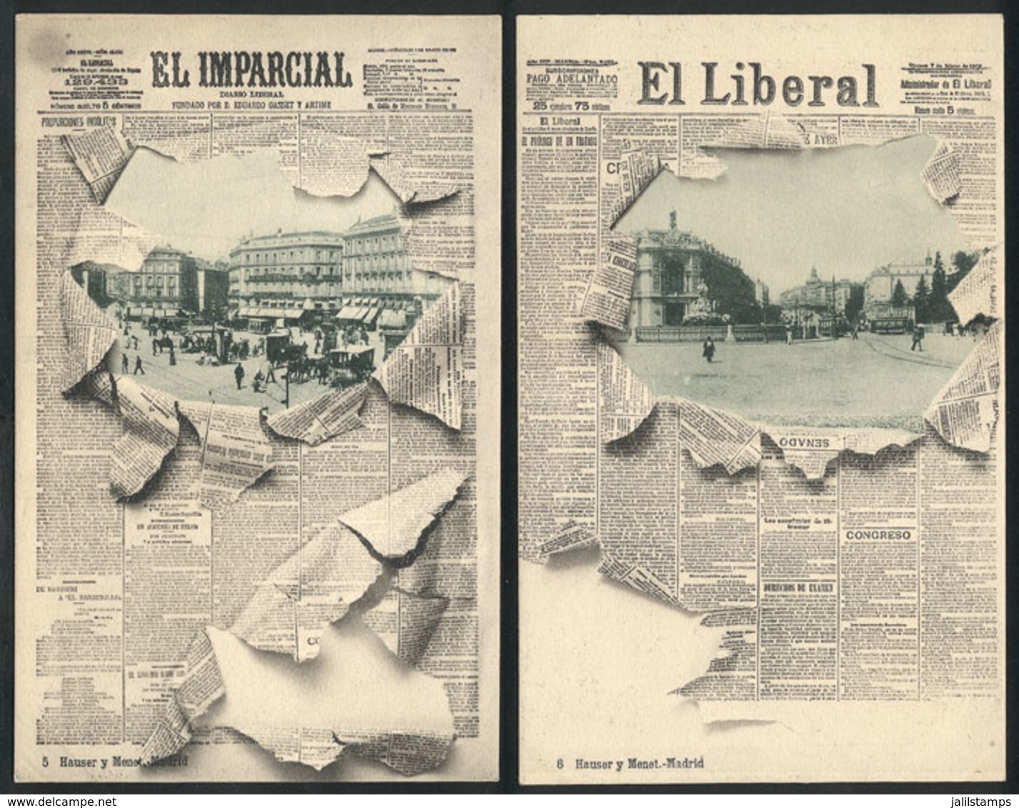 890 SPAIN: 2 Old PCs With Newspapers "El Imparcial" And "El Liberal" And Views Of Madrid, - Autres & Non Classés