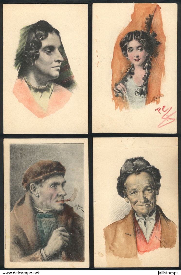 891 SPAIN: SPANISH TYPES: 4 Old Hand-painted PCs, Artist Signed M.PEÑA, Unused, Minor Def - Other & Unclassified