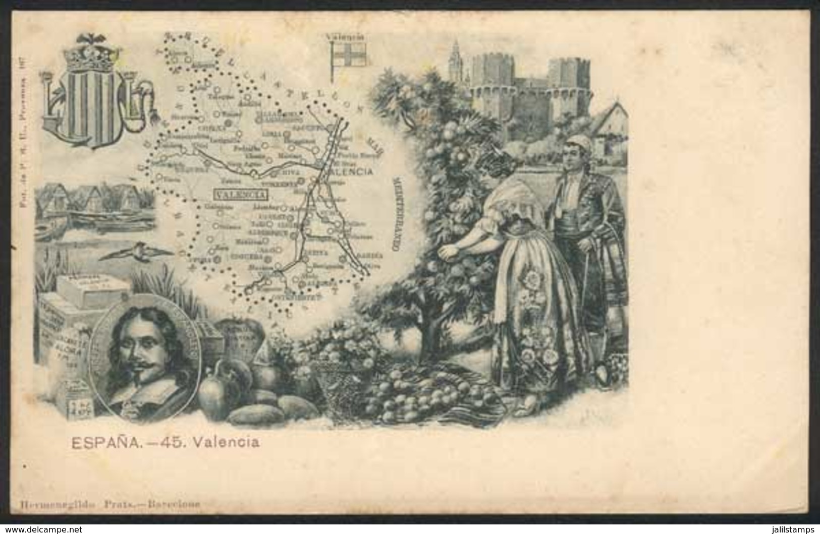 923 SPAIN: VALENCIA: Map, Products, Typical Costumes, Coat Of Arms And Flag, Etc., Ed. He - Autres & Non Classés