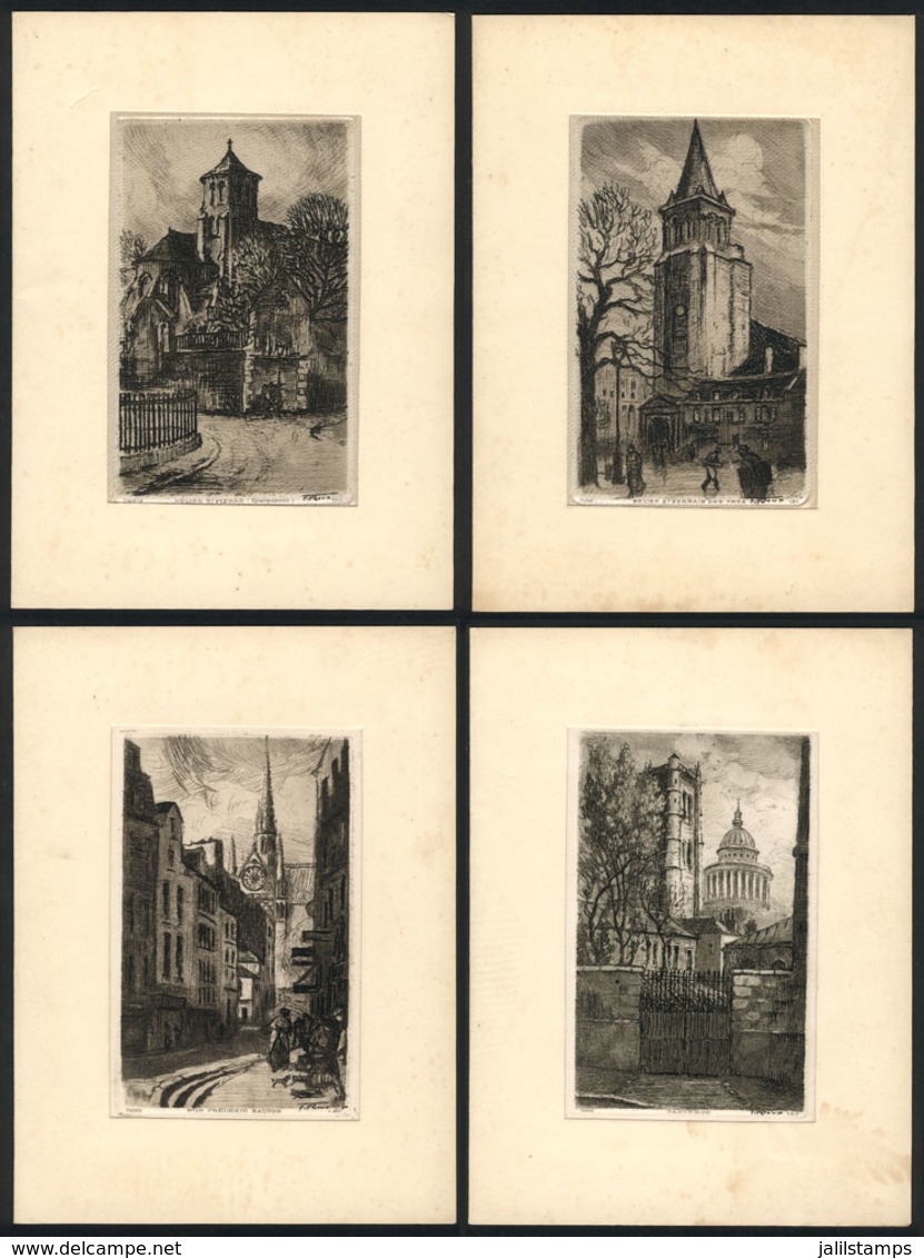 983 FRANCE: 4 Old Cards With Beautiful Views Of Paris Printed On Satin, Signed Firoux, Ve - Sonstige & Ohne Zuordnung