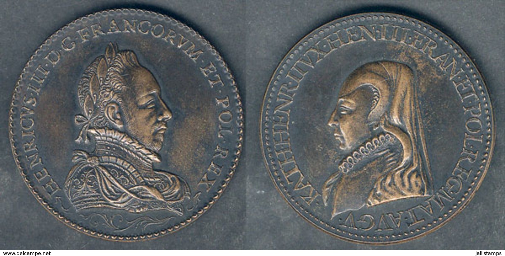 993 FRANCE: Henry III Of France, Old Medal, With Image Of Catherine De Medici On Back, VF - Sonstige & Ohne Zuordnung