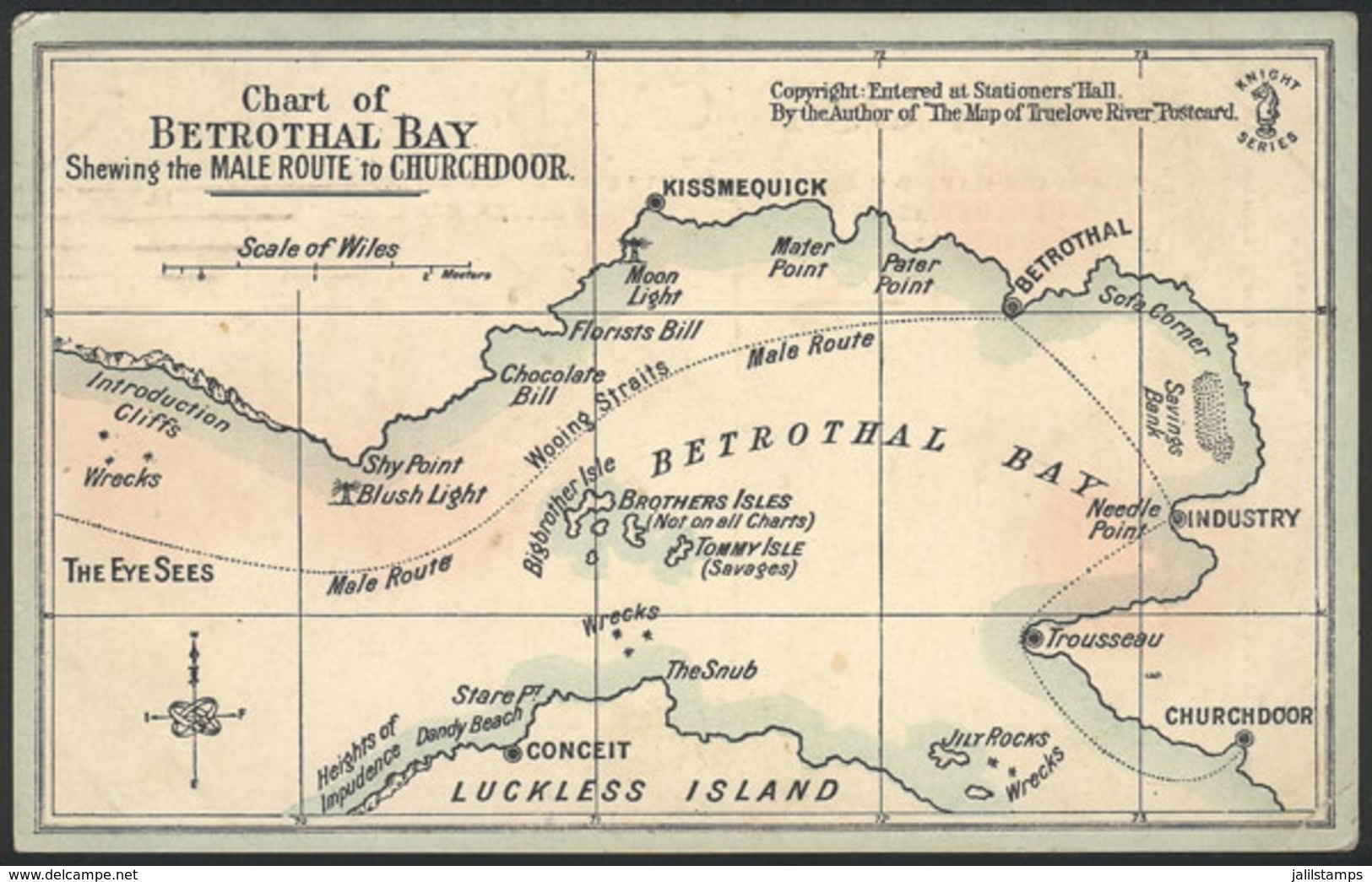 1009 GREAT BRITAIN: COMIC: Old PC With MAP, Chart Of Betrothal Bay Showing The Male Route - Other & Unclassified