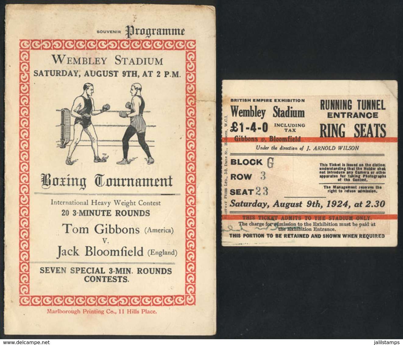 1016 GREAT BRITAIN: Tom Gibbons V. Jack Bloomfield, Intl. Heavy Weight Contenst 9 August 1 - Menus