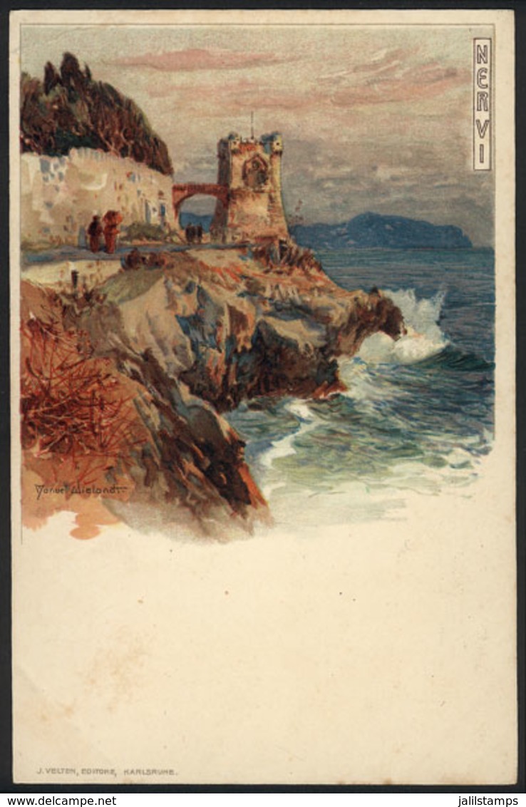 1102 ITALY: NERVI, Gropallo Tower, Lithograph PC Signed Manuel Wielandt, Ed.Velten, With L - Autres & Non Classés