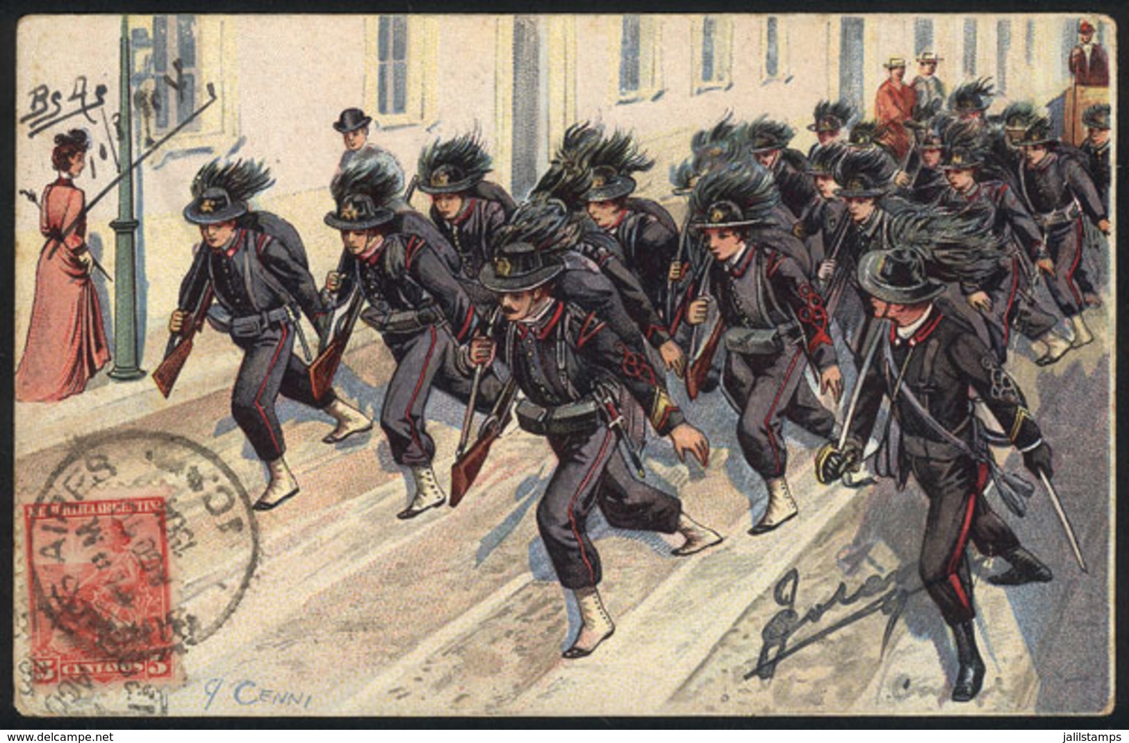 1120 ITALY: Bersaglieri Soldiers Marching In The Street, PC Signed CENNI, Used In Argentin - Other & Unclassified