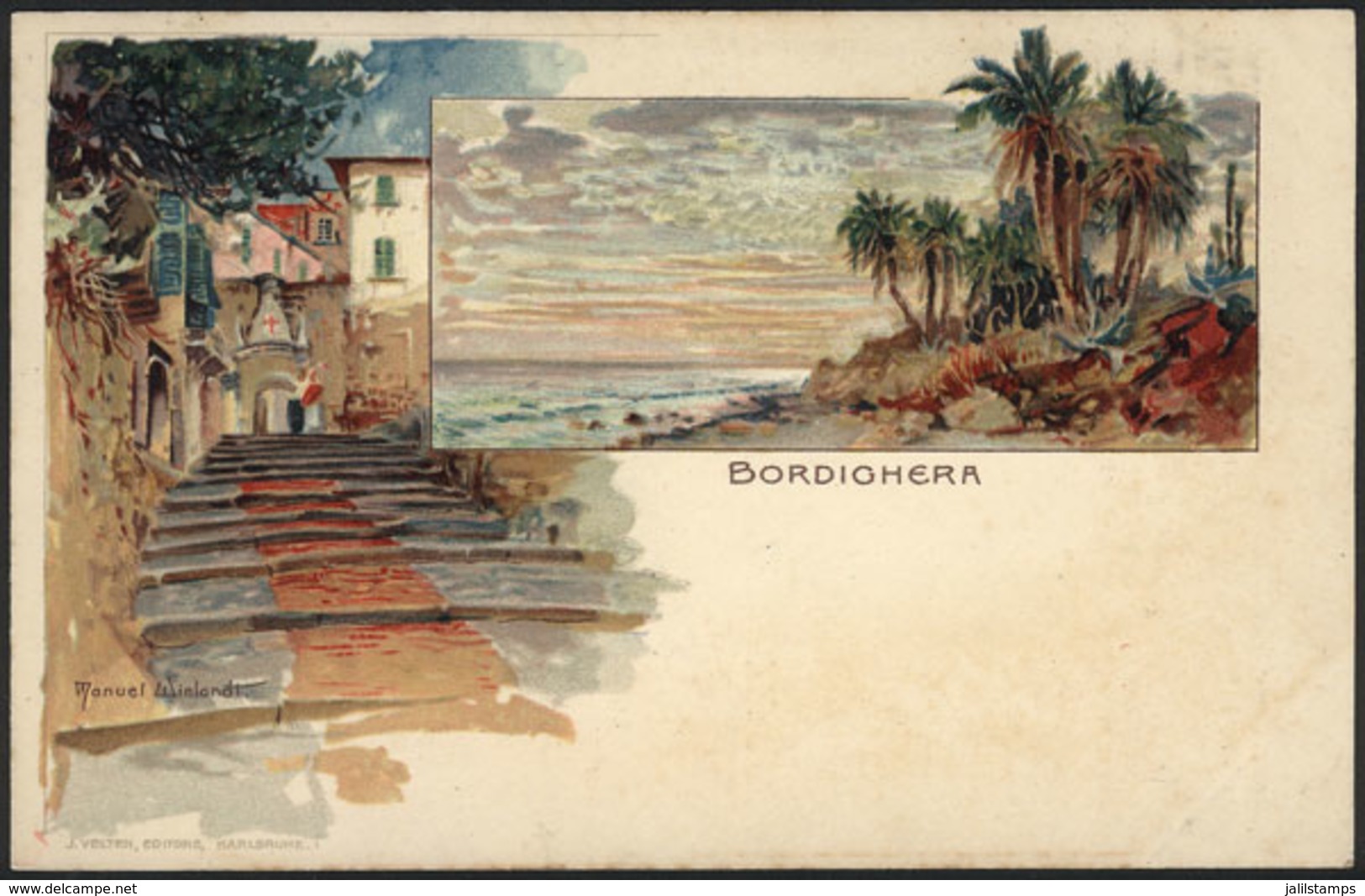 1135 ITALY: BORDIGHERA, Lithograph PC Signed Manuel Wielandt, Ed.Velten, VF! - Other & Unclassified