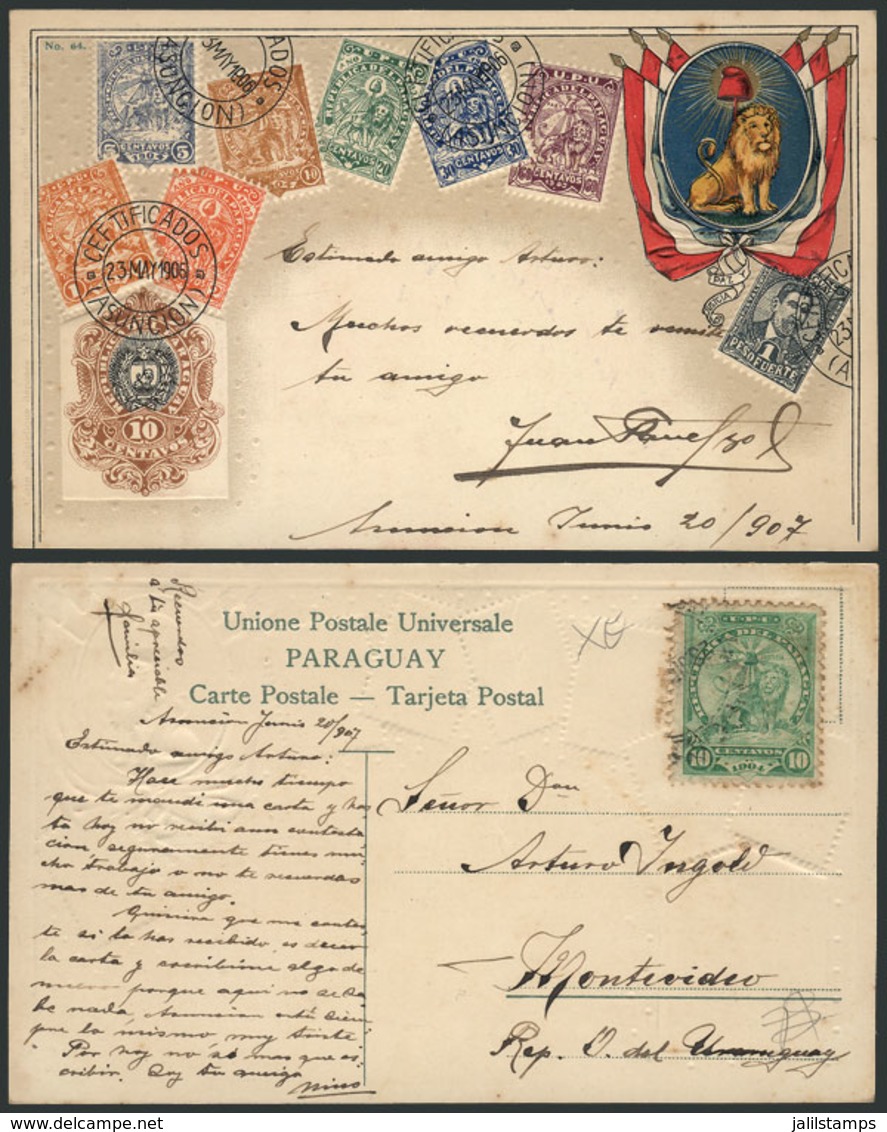 1367 PARAGUAY: Coat Of Arms And Postage Stamps, PC Dated 1907, VF Quality! - Paraguay