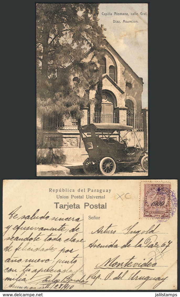 1393 PARAGUAY: ASUNCIÓN: German Church In Gral. Diaz Street, Vintage Car, Dated 1910, Fine - Paraguay