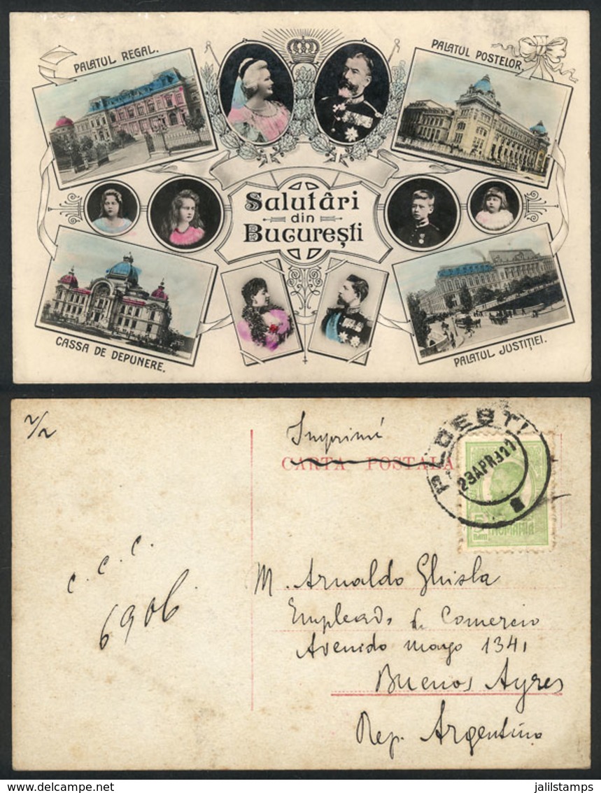 1447 ROMANIA: BUCHAREST: Souvenir PC With Small Views, Royalty, Sent To Buenos Aires In 19 - Romania