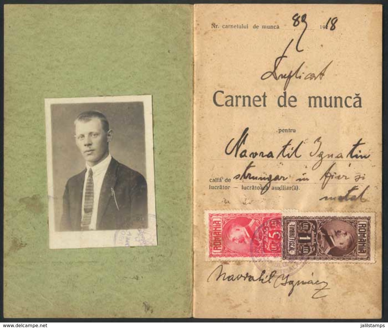 1452 ROMANIA: WORK BOOK (Carnet De Munca) Of The Year 1918 Of A Man That Emigrated To Arge - Non Classés