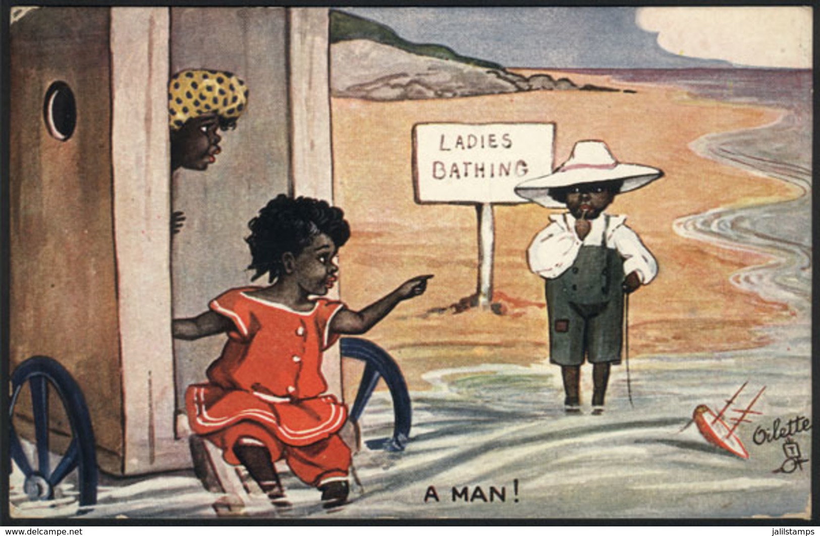 1530 WORLDWIDE: Old Artistic PC: Black Boy And Girls On The Beach, Bathing Machine, Ed.Rap - Unclassified