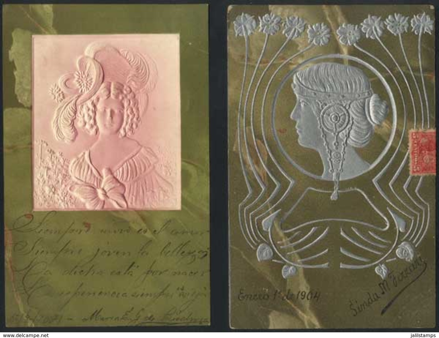 1543 WORLDWIDE: 2 Old Artistic Embossed Postcards, Women, Used In 1904, Excellent Quality - Ohne Zuordnung