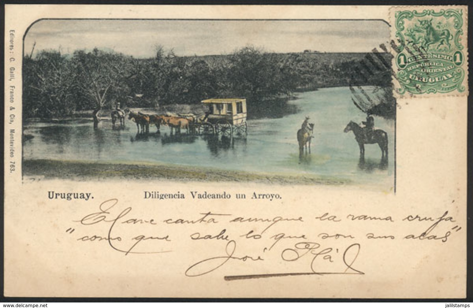 1579 URUGUAY: Stagecoach Fording A Stream, Ed.Galli Franco, Used In 1904, VF Quality! - Uruguay