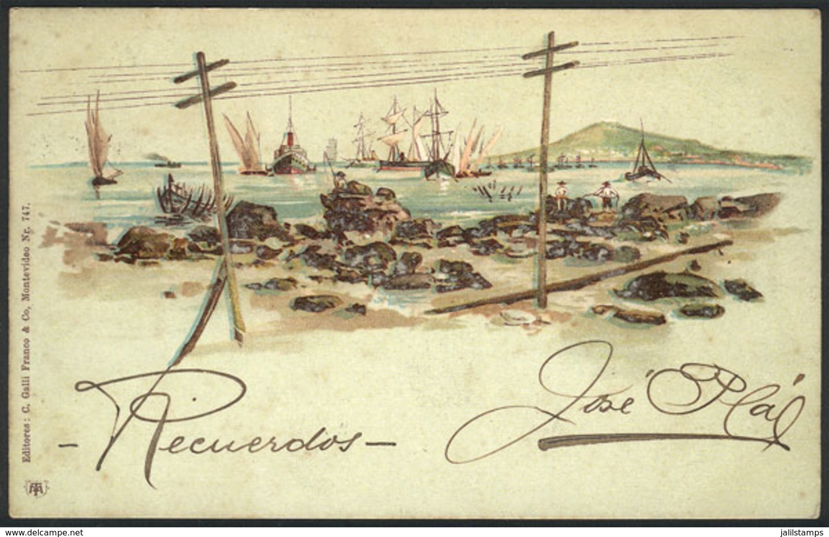 1581 URUGUAY: Artistic PC: Posts By The Sea And Boats, Ed.Galli Franco, Used In 1903, VF Q - Uruguay
