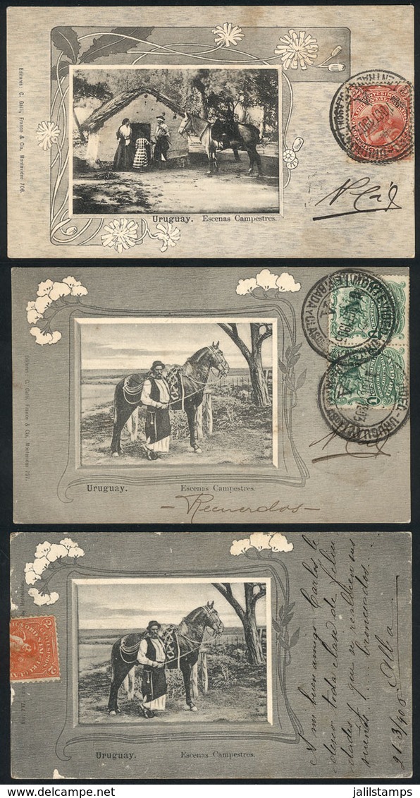 1590 URUGUAY: GAUCHOS: 3 Nice Postcards With Very Good Views Of Rural Scenes, Used In 1900 - Uruguay