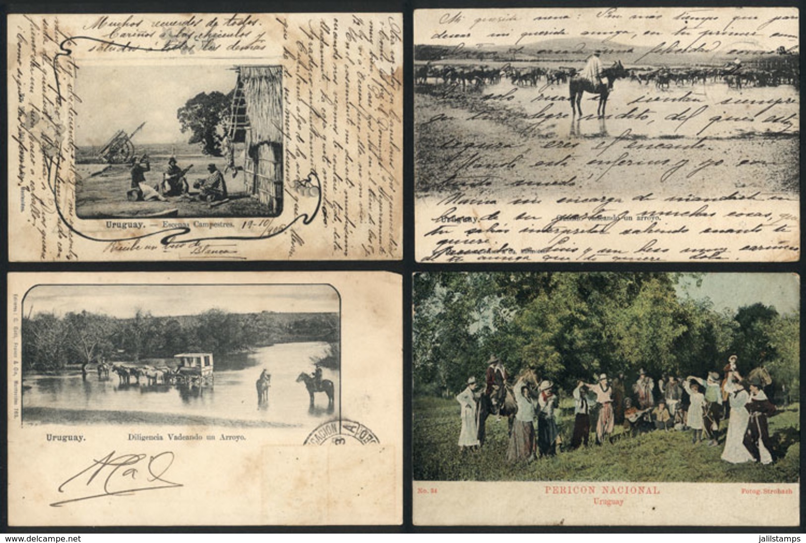 1591 URUGUAY: Rural Scenes: Gauchos, Cattle Fording A Stream, Stagecoach, National Dance, - Uruguay