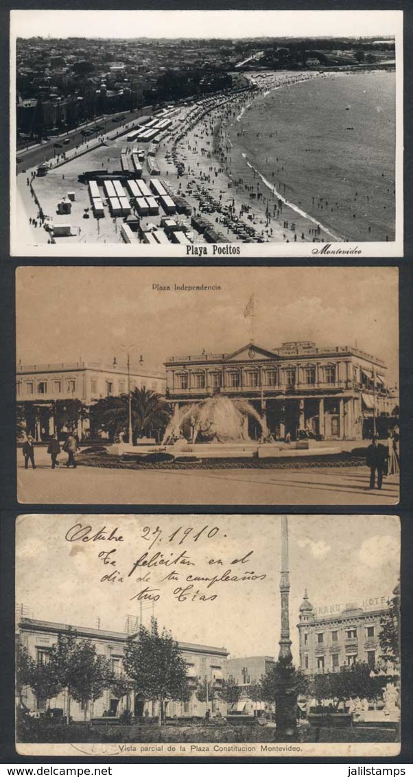 1613 URUGUAY: MONTEVIDEO: 3 Postcards With Various Views: Pocitos Beach, Independencia Squ - Uruguay