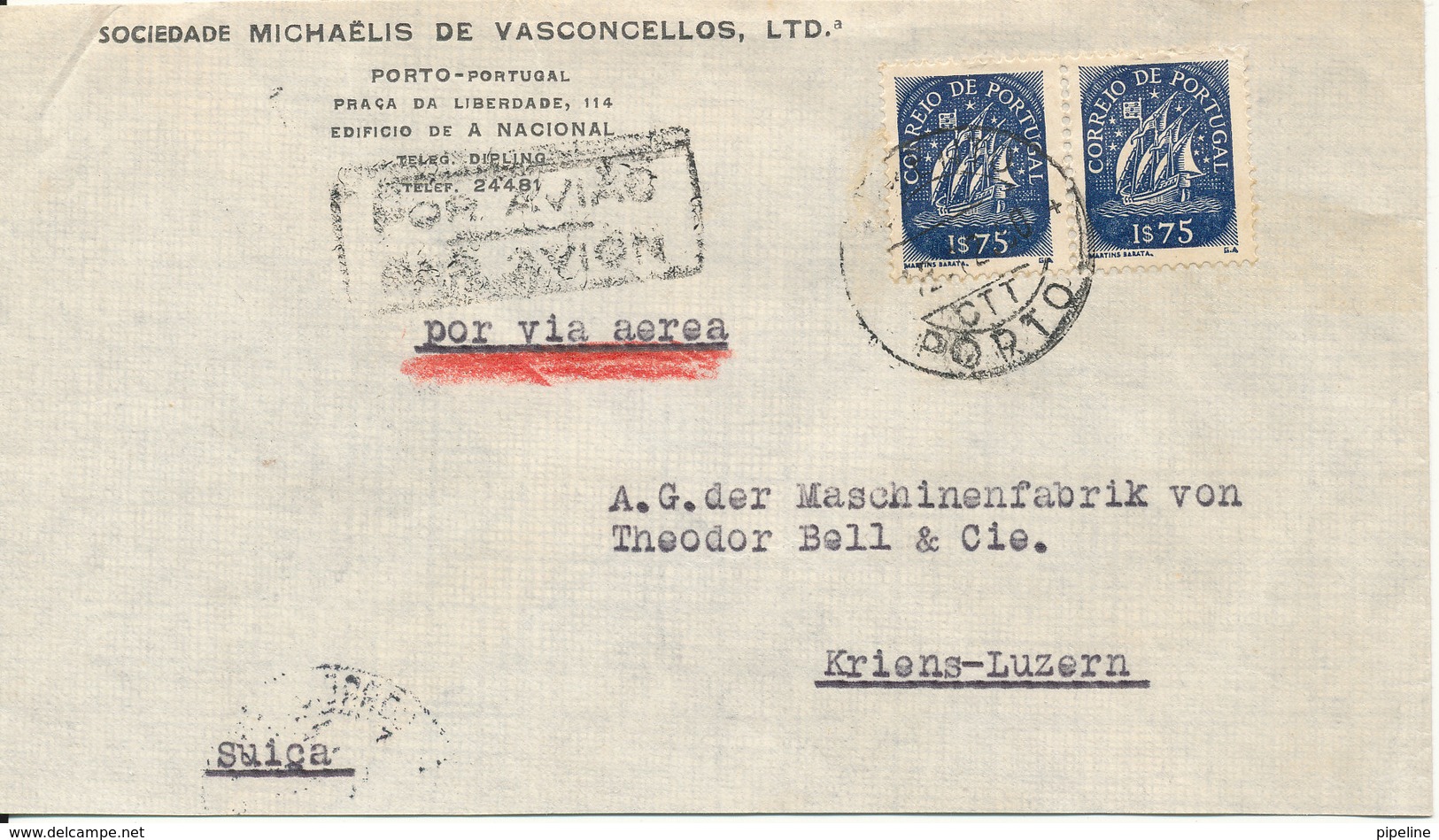 Portugal Cover Sent Air Mail To Switzerland 13-12-1950 - Covers & Documents