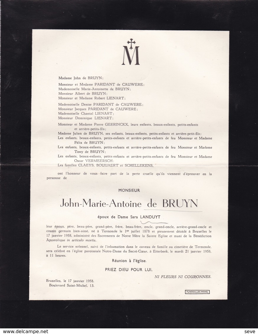 TERMONDE DENDERMONDE John Marie De BRUYN 1878-1958 Famille PARIDANT De CAUWERE LIENART - Obituary Notices