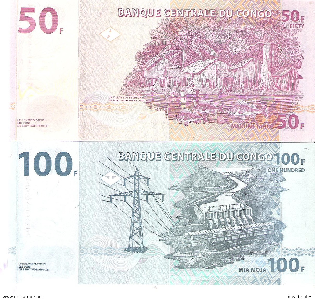 Congo - Pick 97A, 98b - 50, 100 Francs 2013 - Unc - Set 2 Banknotes - Repubblica Democratica Del Congo & Zaire