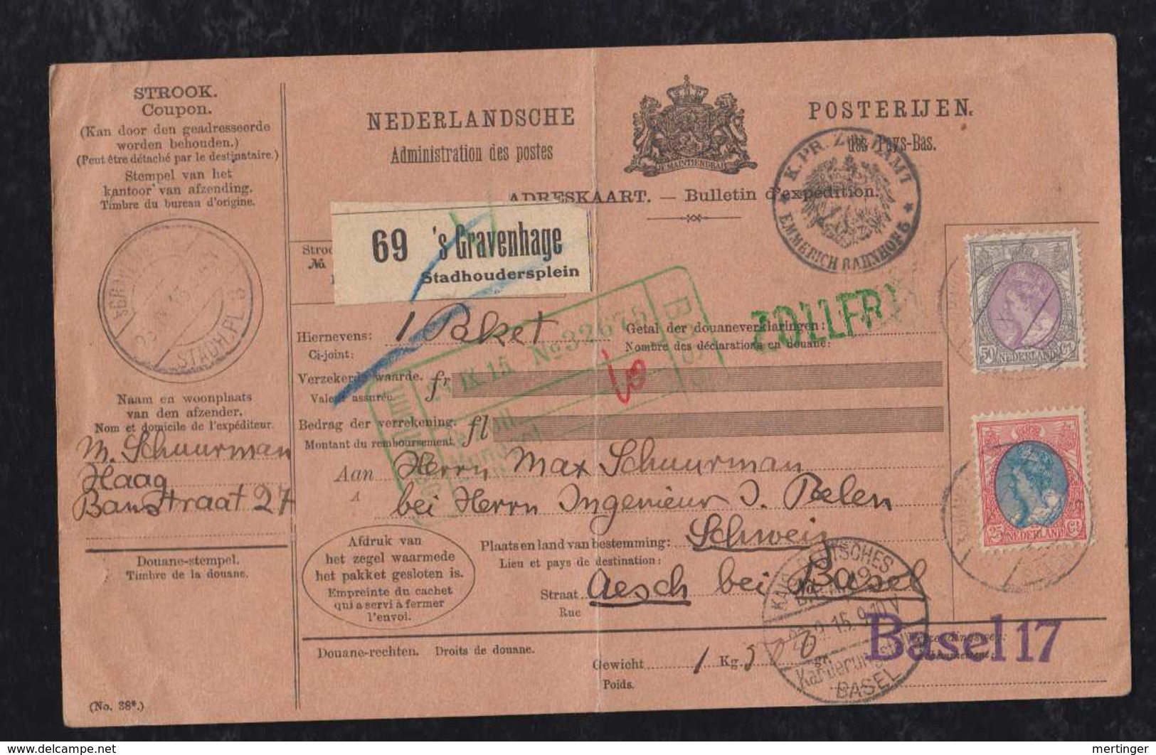 Netherlands 1915 Adreskaart Bulletin D Expedition SGRAVENHAGE To AESCH Switzerland - Lettres & Documents