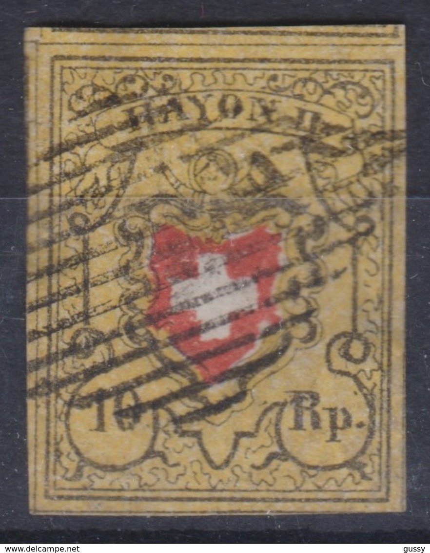 SUISSE  1851 Rayon II: 10 Rappen Jaune Et Rouge, ZNr 16II, Oblitération Grille Noire, 4 Belles Marges,  Bonne Cote, TB - 1843-1852 Timbres Cantonaux Et  Fédéraux