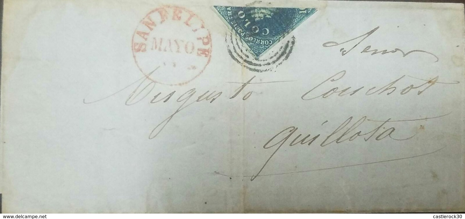 O) 1859 CHILE, CHRISTOPHER COLUMBUS BISECT - CORREOS PORTE FRANCO GREEN, FROM SAN FELIPE TO GUILLOTA, XF - Chile