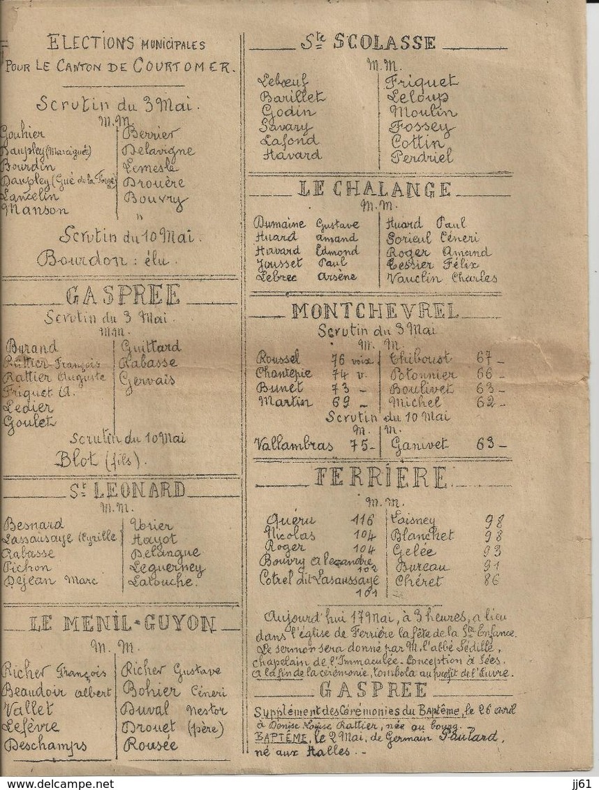 COURTOMER LA CROIX DU PELERIN MAI 1908 RESULTAT ELECTIONS MONTCHEVREL GASPREE LE MESNIL VENTE MARCHAND DE CHEVEAUX - Autres & Non Classés