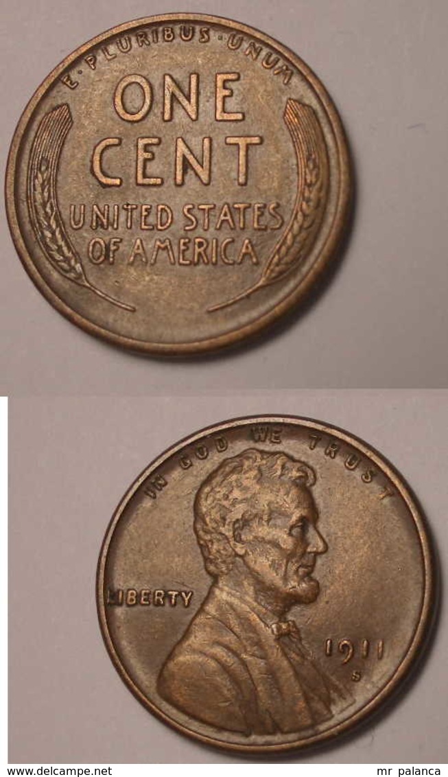 M_p> Stati Uniti 1 Cent 1911 S Lincoln - Moneta RARA - 1909-1958: Lincoln, Wheat Ears Reverse