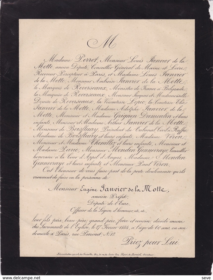 EURE Ancien Préfet Eugène JANVIER De La MOTTE 60 Ans 1884 Faire-part Mortuaire PERROT De REVERSEAUX - Décès