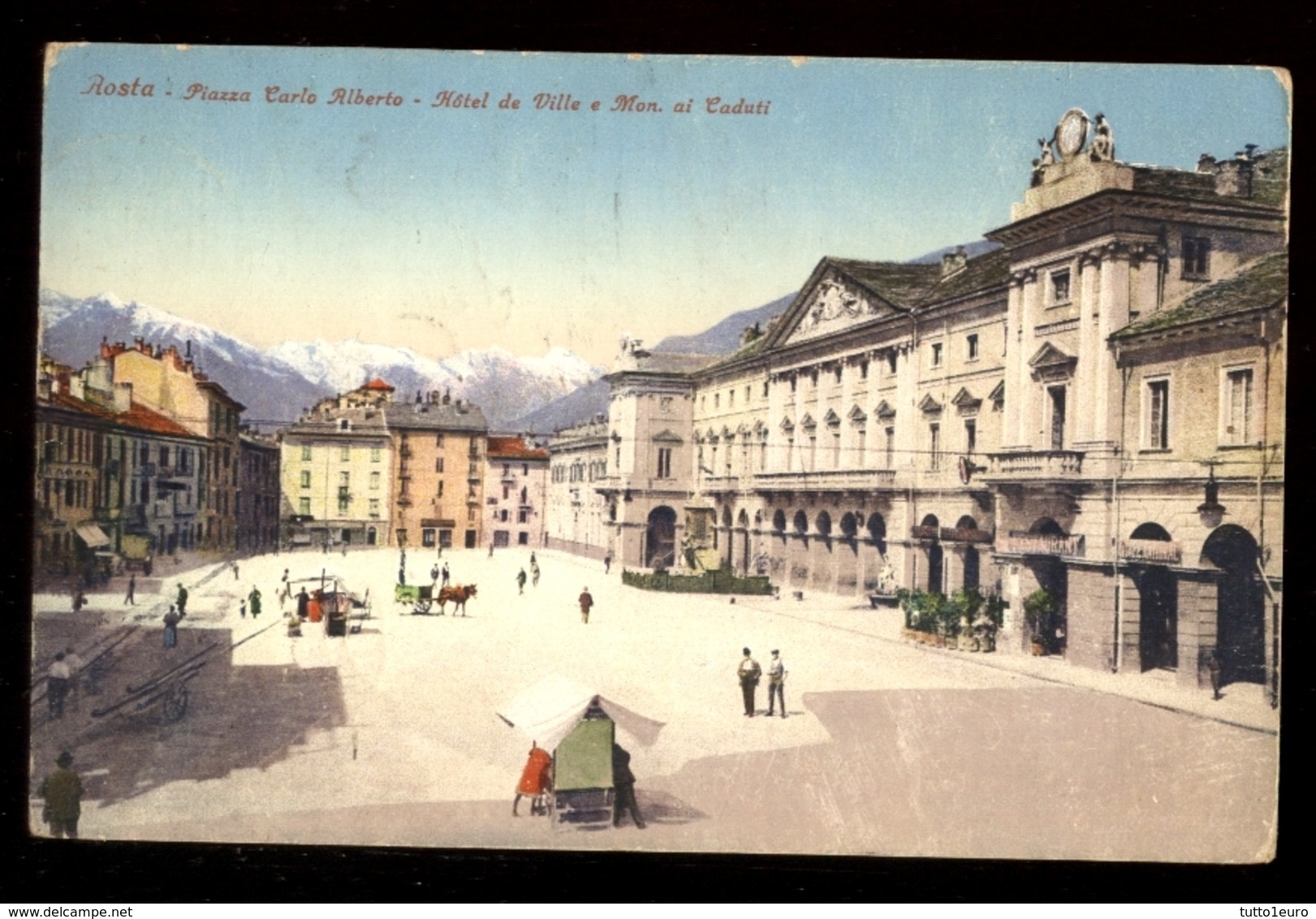 AOSTA - 1927 - PIAZZA CARLO ALBERTO - ANIMATISSIMA. ACQUERELLATA - Aosta