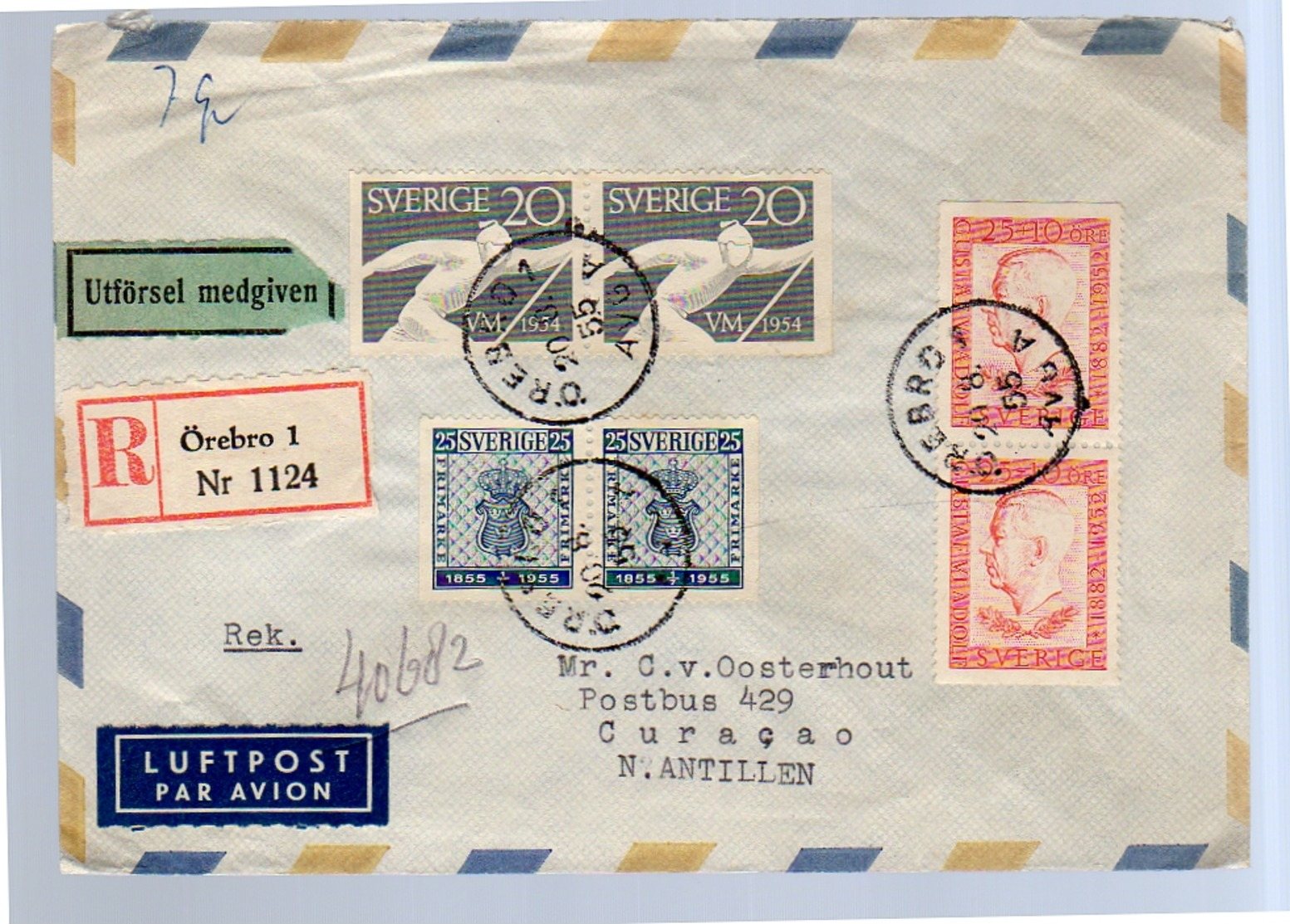 Örebro 1955 åke Tollin Rudbecksgatan> Oosterhout Curacao Netherlands Antilles (114) - Lettres & Documents