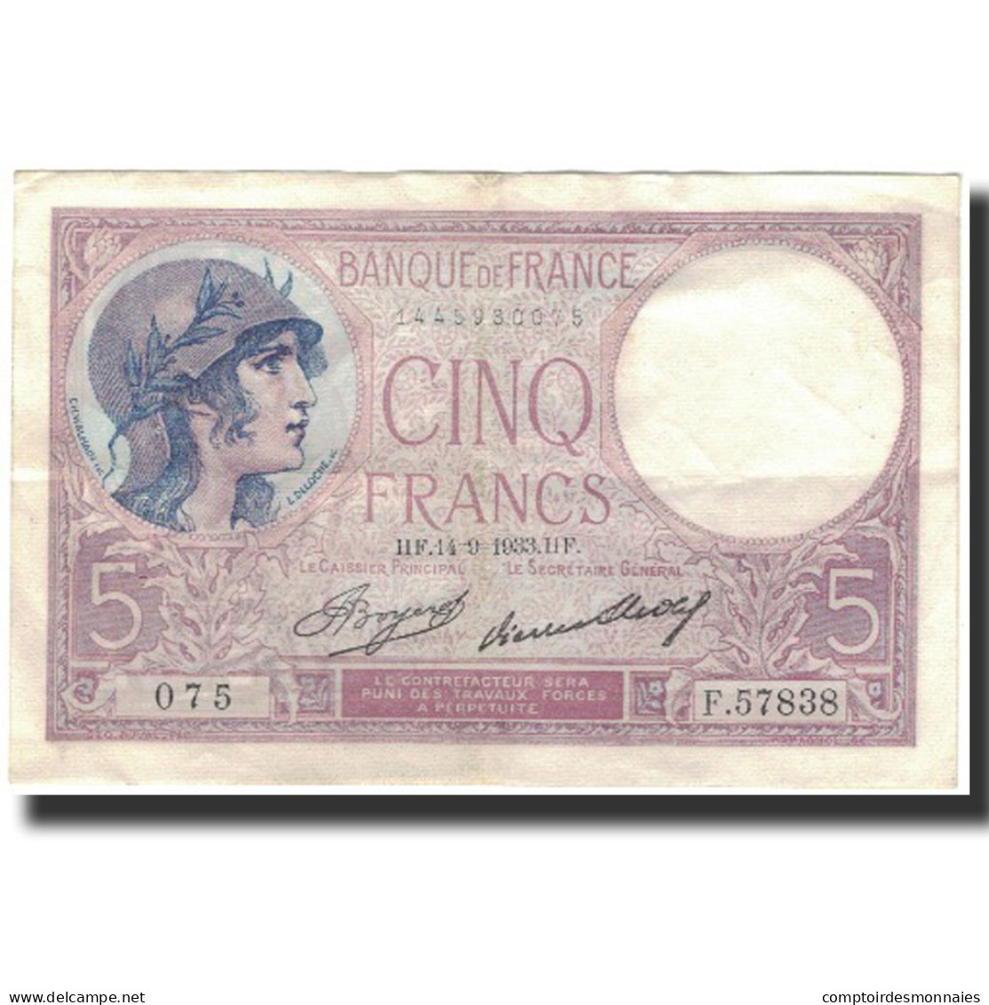 France, 5 Francs, 5 F 1917-1940 ''Violet'', 1933-09-14, TTB, Fayette:3.17 - 5 F 1917-1940 ''Violet''