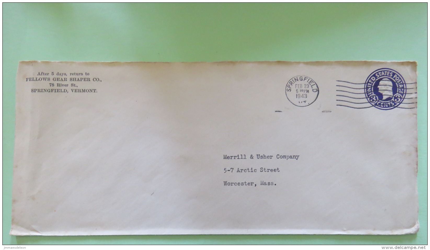 USA 1943 Stationery Cover Washington 3c From Springfield To Worcester / Shaper Co. - 1941-60